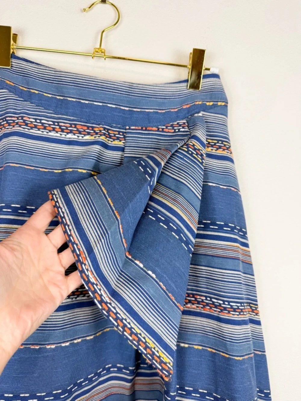 Eva Franco Liv A-Line Blue Striped Embroidered Midi Skirt Southwestern Size 2